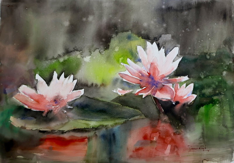 Silent Bloom' nature watercolor painting by artist Soven Roy, 14x20 inch, on paper
