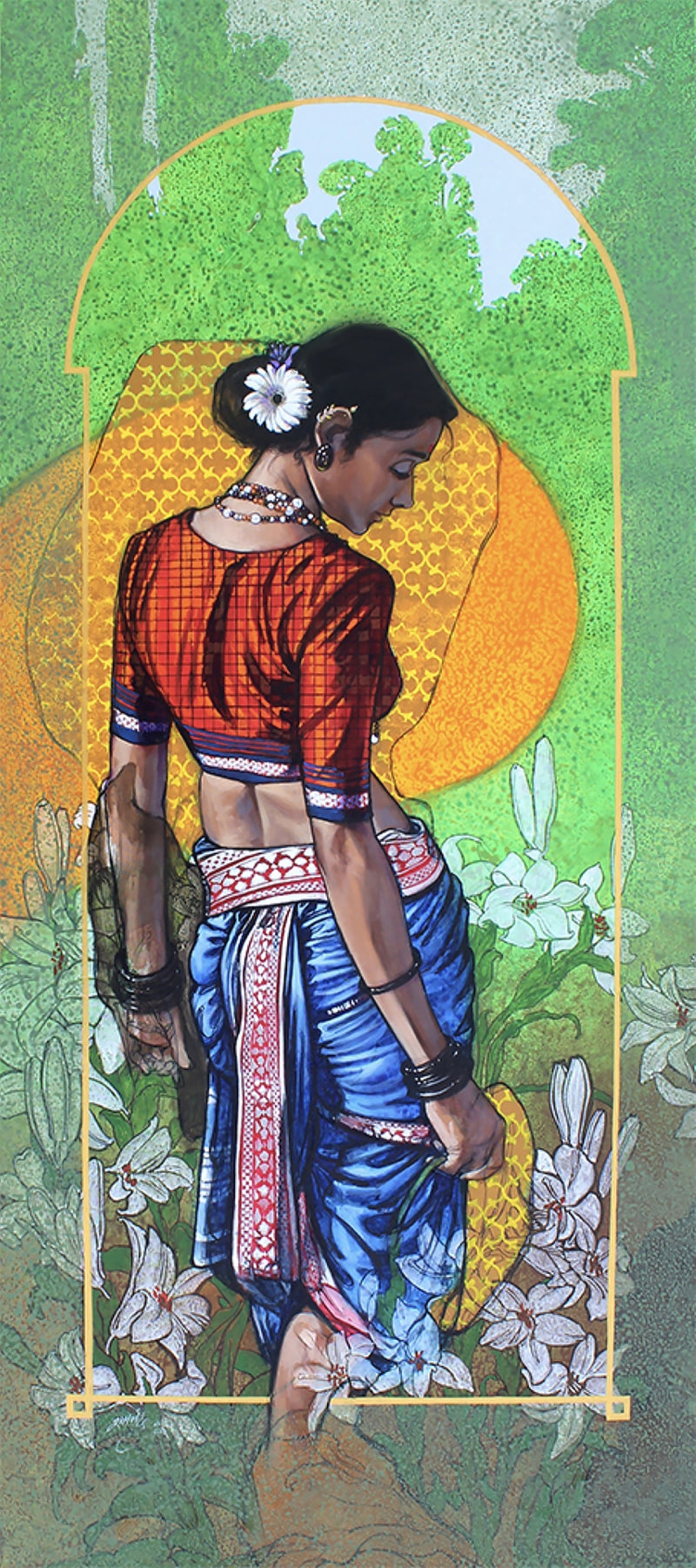 Silent Bloom' figurative acrylic painting by artist Ramchandra S Kharatmal, 54x24 inch, on canvas