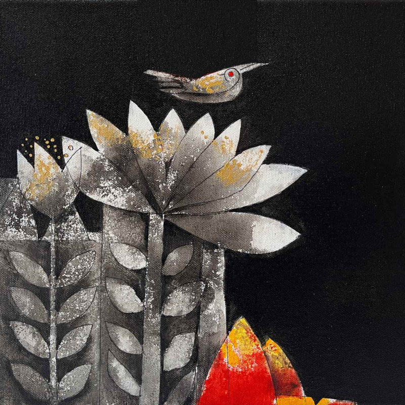 Silent Bloom Of Tradition' contemporary acrylic painting by artist Ashish Bodade, 18x18 inch, on canvas