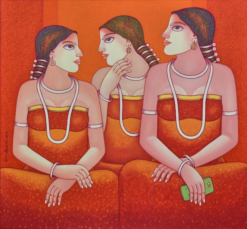 Silent Existence' figurative acrylic painting by artist Animesh Biswas, 32x34 inch, on canvas