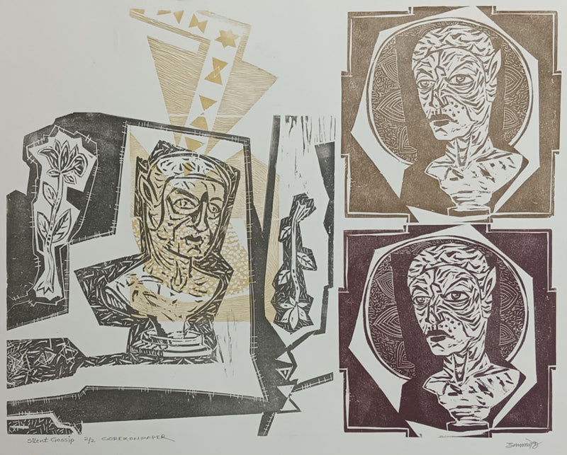 Figurative corex printmaking titled 'Silent Gossip', 16x20 inch, by artist Abhishek Chourasia on Paper