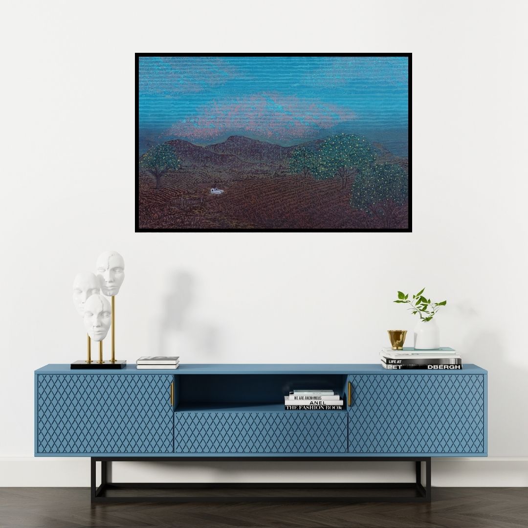 Preview of 'Silent As Grave (Serene Sunset)' Painting by Balaji Ponna shown on a wall in a furnished room.