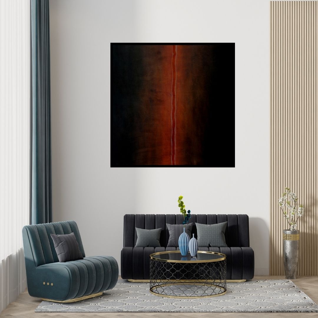 Preview of 'Silent Language 1 (Path of Fire)' Painting by Pradeep Ahirwar shown on a wall in a furnished room.