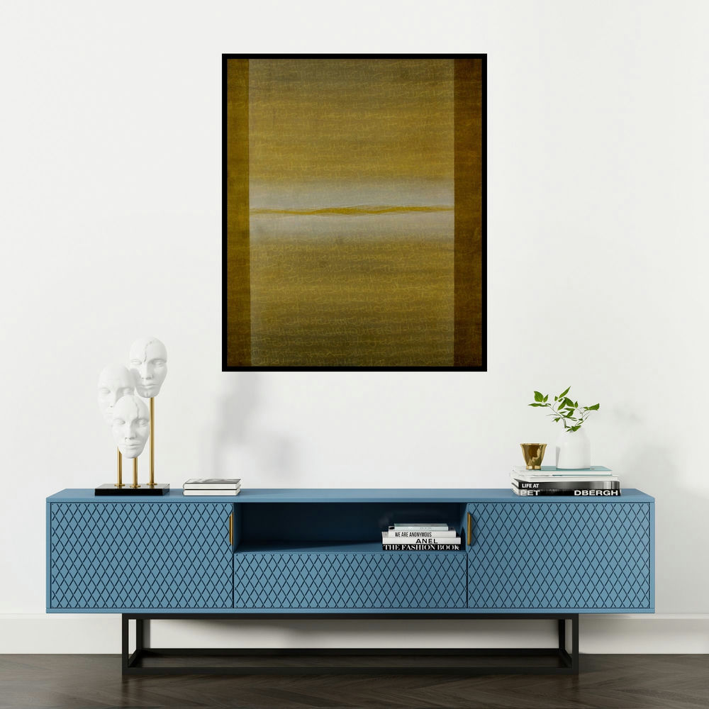 Pradeep Ahirwar's 'Silent Language 3 (The Divide)' painting visualized above a sofa in a contemporary room.