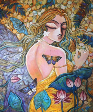 Figurative acrylic painting titled 'Silent Love 2', 36x30 inches, by artist Subrata Ghosh on Canvas