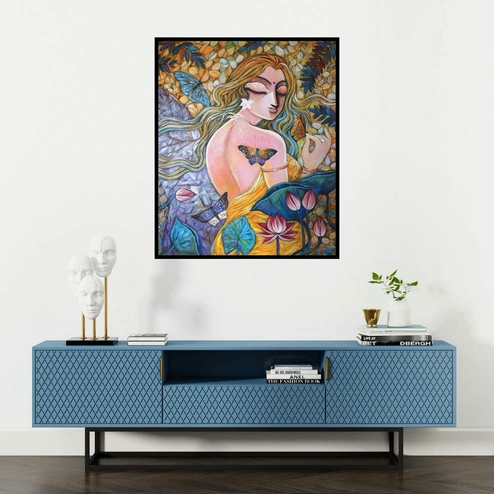 Subrata Ghosh's 'Silent Love 2' painting visualized above a sofa in a contemporary room.