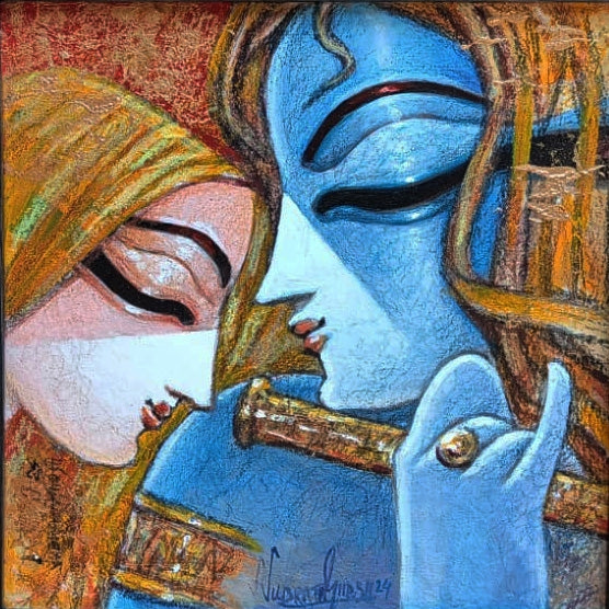 Silent Love' religious mixed-media painting by artist Subrata Ghosh, 12x12 inch, on canvas