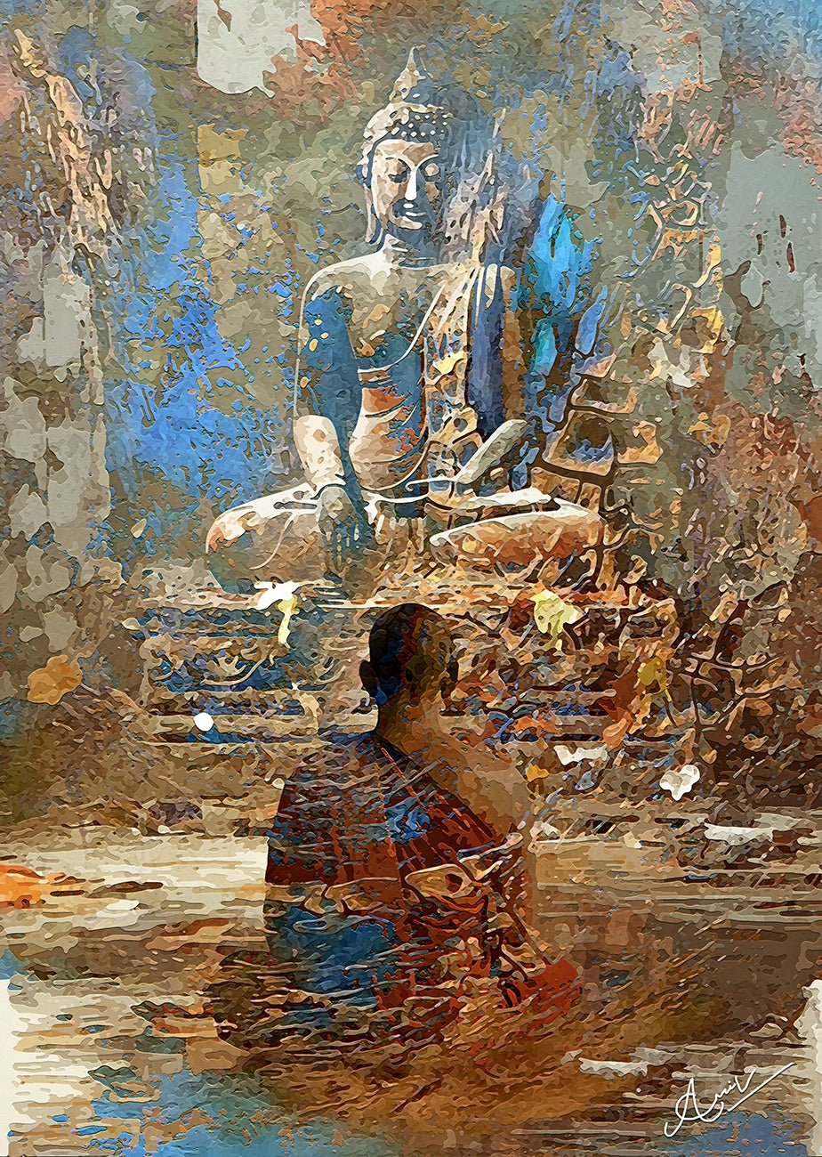 The Silent Path' religious mixed-media painting by artist Anil Kumar, 45x32 inch, on canvas