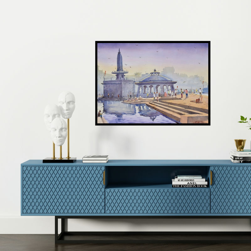 Preview of 'Silent Reflection (Morning at the Ghat)' Painting by Ambadas Nagpure shown on a wall in a furnished room.