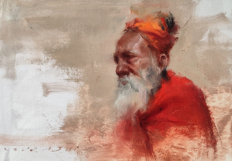 The Silent Sage' religious oil painting by artist Surabhi Gulwelkar, 9x12 inch, on linen