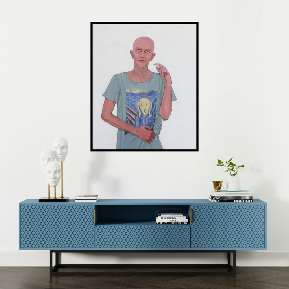 Ritesh Warambhe's 'Silent Scream 2' painting visualized above a sofa in a contemporary room.