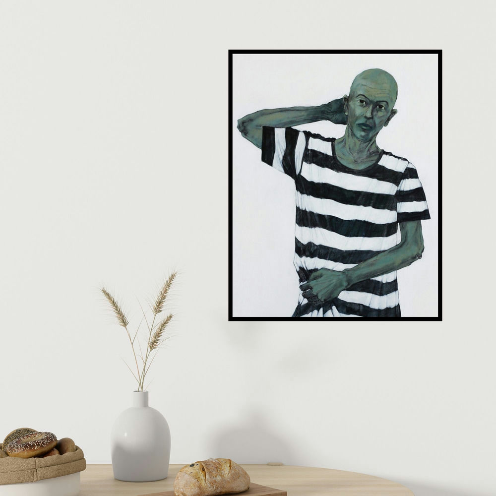 Ritesh Warambhe's 'Silent Scream (Self-Reflection)' painting visualized above a sofa in a contemporary room.