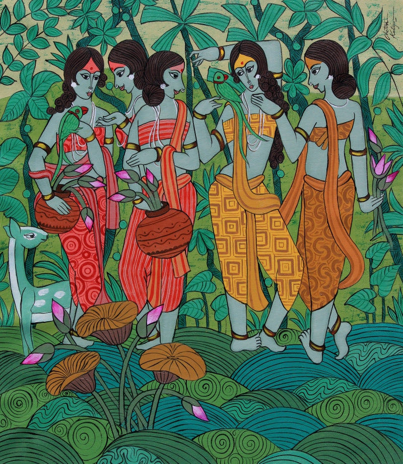 Silent Story' figurative acrylic painting by artist Chetan Katigar, 37x32 inch, on canvas