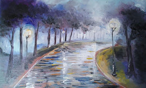 Silent Street (Ethereal Glow) by Kiran Bableshwar, Original Oil Impressionist Painting on Canvas, Small Horizontal Wall Art