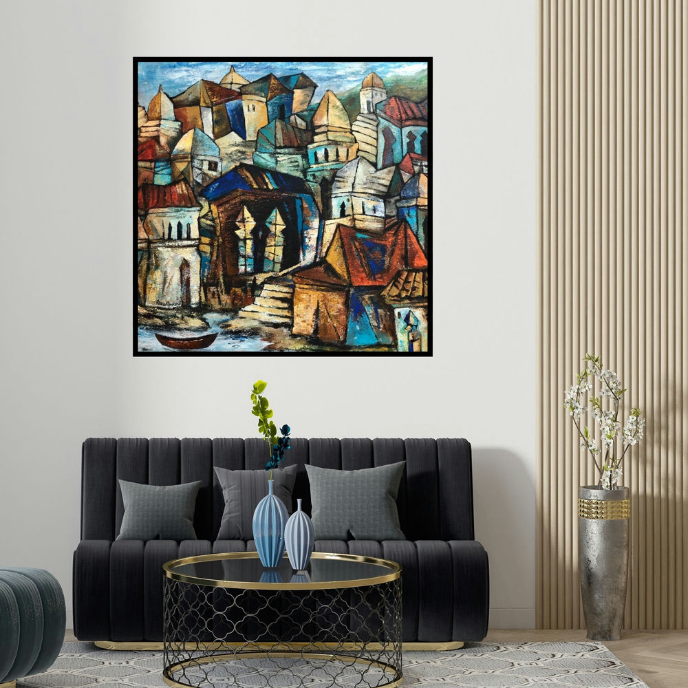 Fawad Tamkanat's 'Silent Town 2' painting visualized above a sofa in a contemporary room.