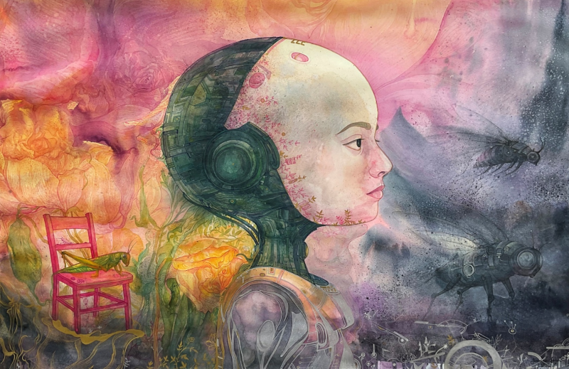Silent Transformation' contemporary watercolor painting by artist Jasbinder Singh, 30x42 inch, on fabriano paper