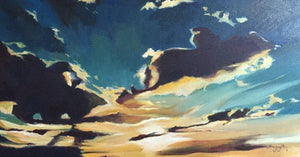 Silver Lining (Dramatic Clouds) by Shagufta Mehdi, Original Oil Nature Painting on Canvas, Small Horizontal Wall Art