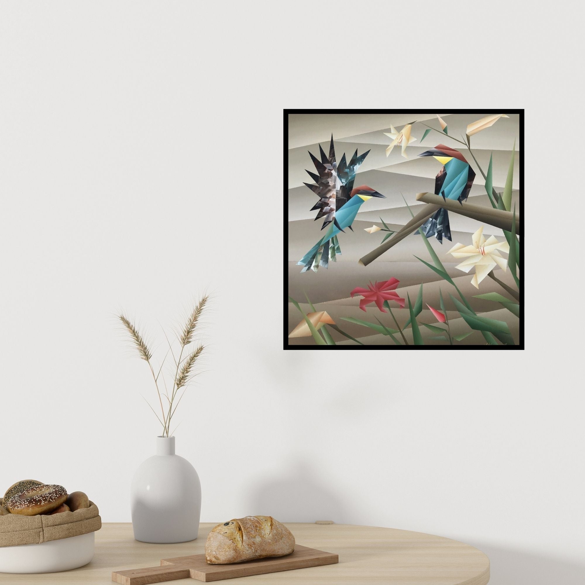 Preview of 'Similarity 1' Painting by Nirakar Chowdhury shown on a wall in a furnished room.