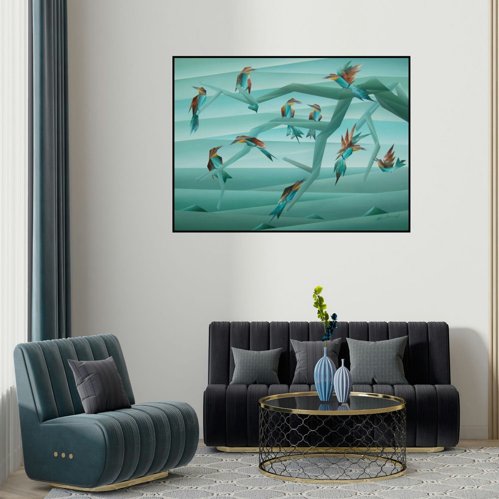 'Similarity 3 (Avian Symphony)' painting by Nirakar Chowdhury shown on a wall in a furnished room.