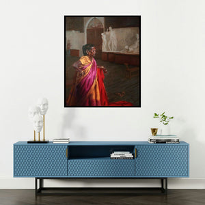 Swapnil Pate's 'Similarity (A City's Rhythm)' painting visualized above a sofa in a contemporary room.
