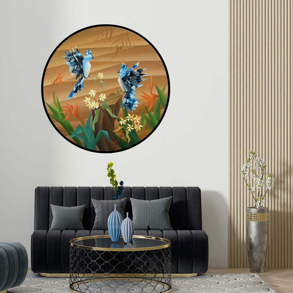 Nirakar Chowdhury's 'Similarity' painting visualized above a sofa in a contemporary room.