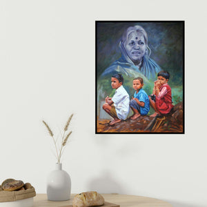 Swapnil Patil's 'Sindhu' painting visualized above a sofa in a contemporary room.