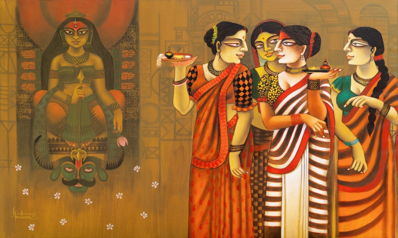 'Sindur Khela' figurative acrylic painting by artist Gautam Mukherjee, 36x60 inch, on canvas