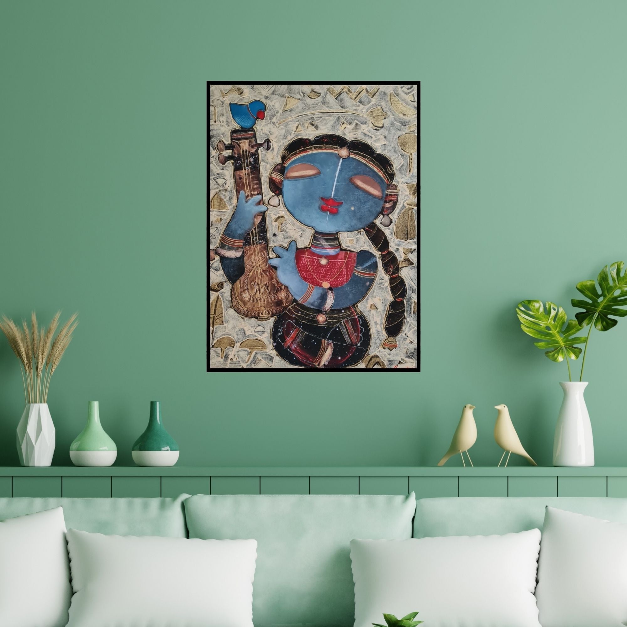 Preview of 'The Singer (Celestial Serenade)' Painting by G Subramanian shown on a wall in a furnished room.