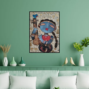 Preview of 'The Singer (Celestial Serenade)' Painting by G Subramanian shown on a wall in a furnished room.