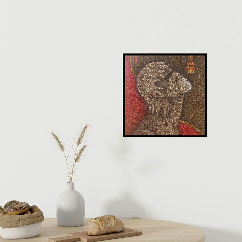 In-situ view of Satyajeet Shinde's 'Singer I (The Stippled Vocalist)' painting in a room