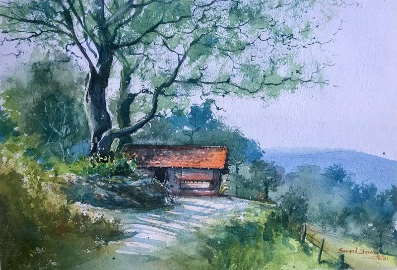 Landscape watercolor painting titled 'Single Home', 14x20 inches, by artist KS Farvez on Paper