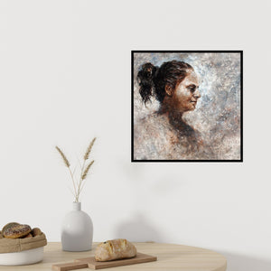 Preview of 'Sister' Painting by Mansi Sagar shown on a wall in a furnished room.