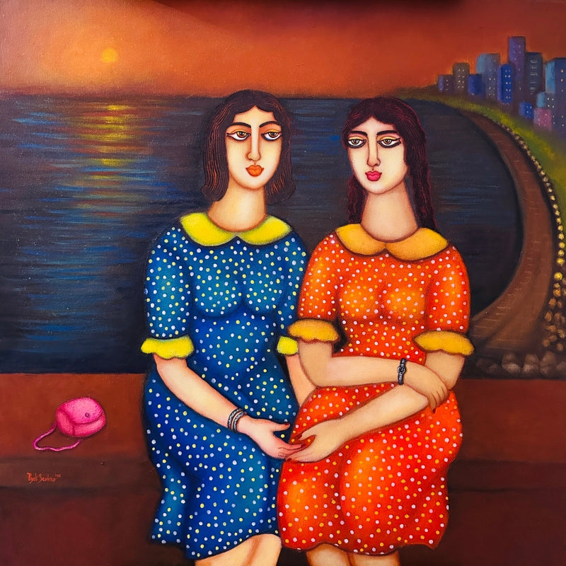 'Sister In Marine Drive' figurative acrylic painting by artist Piyali Sarkar, 24x24 inch, on canvas