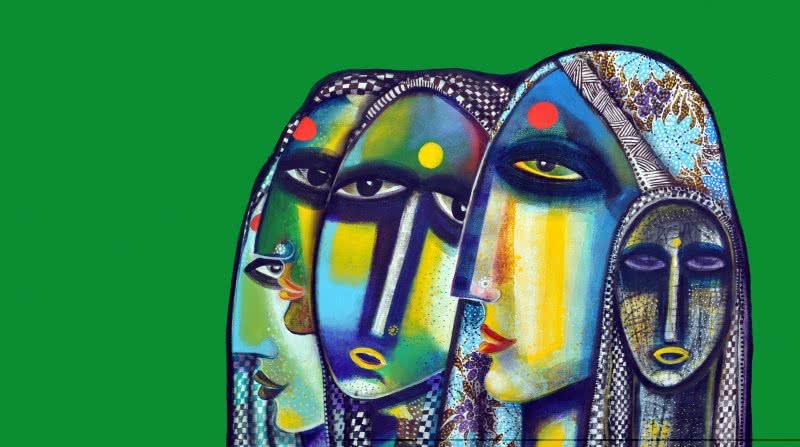 Figurative acrylic painting titled 'Sisters', 27x48 inches, by artist Arun K Mishra on Canvas