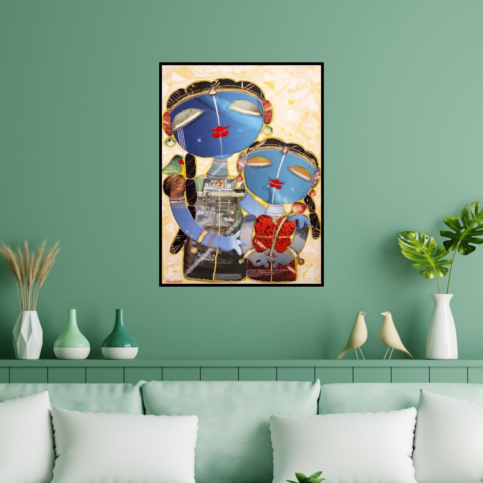 Preview of 'Sisters Love' Painting by G Subramanian shown on a wall in a furnished room.