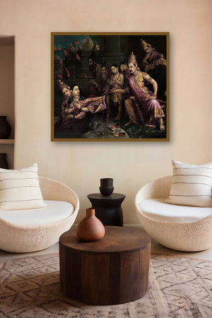 Sita Bhoomipravesh (The Exile of Rama: A Moment of Heartbreak) by artist Raja Ravi Varma displayed in a Museum Style gallery