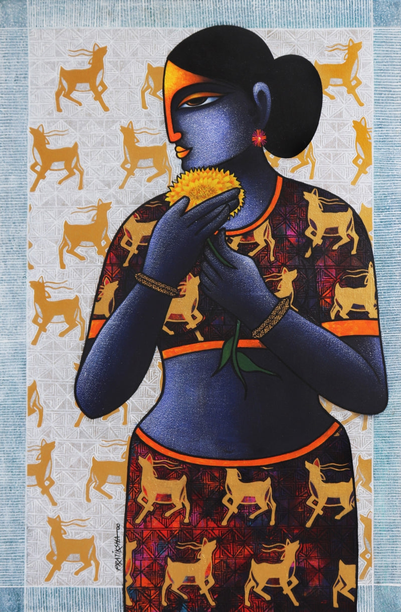 Sita With Golden Deer' figurative acrylic-charcoal painting by artist Pratiksha Bothe, 36x24 inch, on canvas