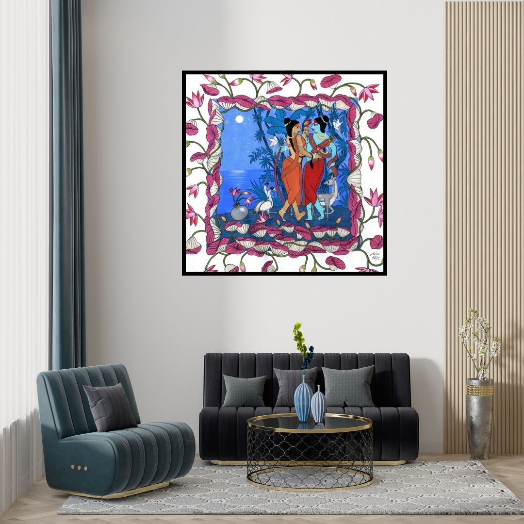 Preview of 'Sita Ram (Eternal Love)' Painting by Chetan Katigar shown on a wall in a furnished room.
