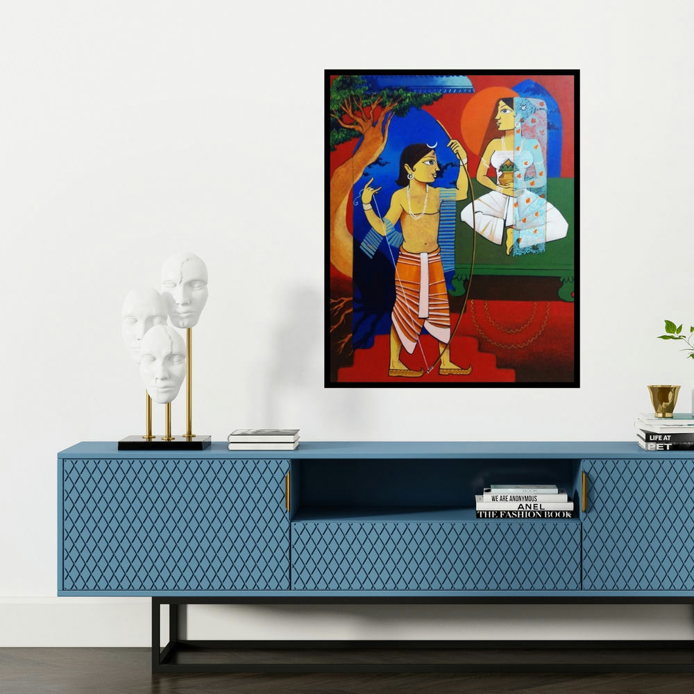 'Sita Swayamwar (The Divine Match)' painting by Prakash Pore shown on a wall in a furnished room.