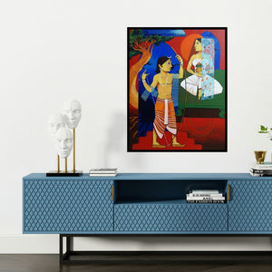 'Sita Swayamwar (The Divine Match)' painting by Prakash Pore shown on a wall in a furnished room.