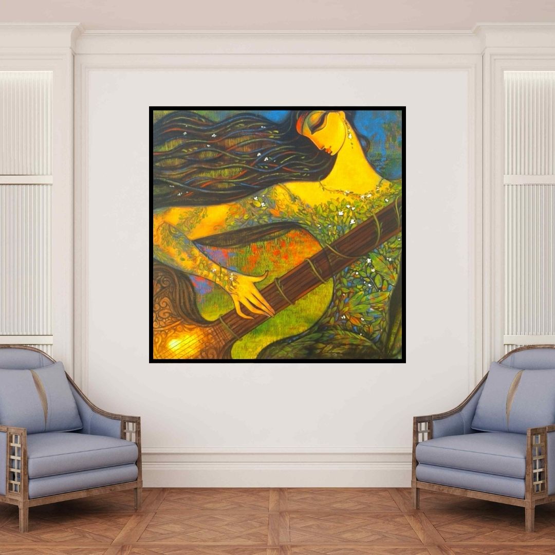 In-situ view of Ramesh Gujar's 'Sitar Vadan 3' painting in a room