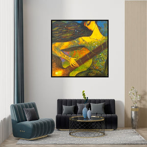 Preview of 'Sitar Vadan 3' Painting by Ramesh Gujar shown on a wall in a furnished room.