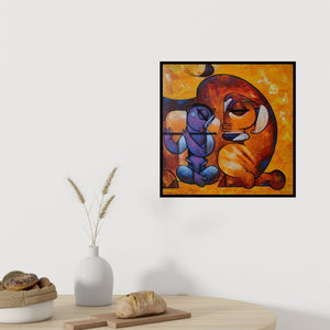 Preview of 'Sitar Vadan 6 (Divine Duet)' Painting by Ramesh Gujar shown on a wall in a furnished room.