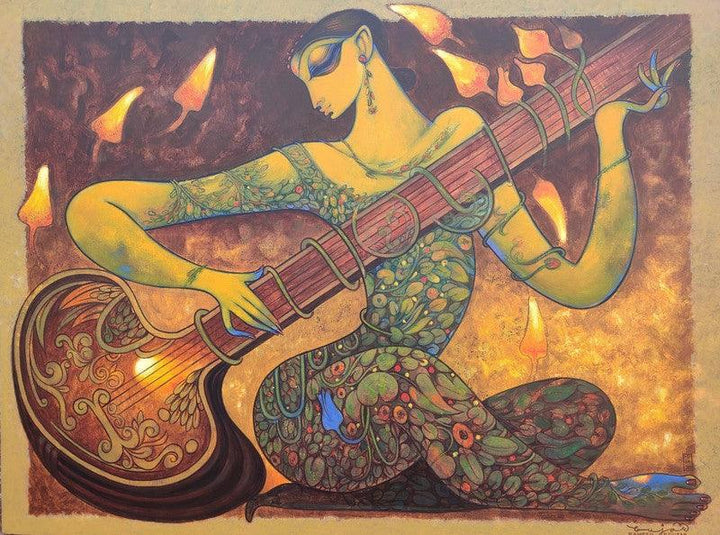 "Sitar Vadan 7" Brown Acrylic Painting by Ramesh Gujar