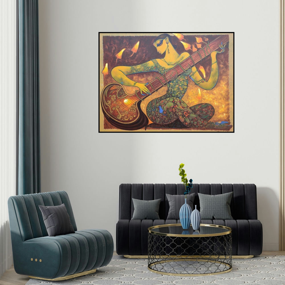 'Sitar Vadan 7' painting by Ramesh Gujar shown on a wall in a furnished room.
