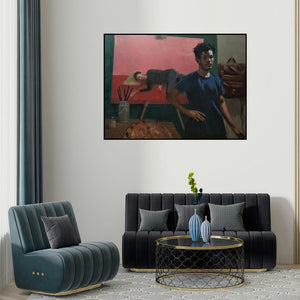 'The Situation Of The Painter' painting by Swapnil Pate shown on a wall in a furnished room.