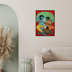 In-situ view of Priyanka Chivte's 'Siyaram 1 (Rama, Sita and Hanuman under Tree)' painting in a room