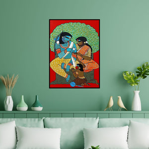 Preview of 'Siyaram 1 (Rama, Sita and Hanuman under Tree)' Painting by Priyanka Chivte shown on a wall in a furnished room.