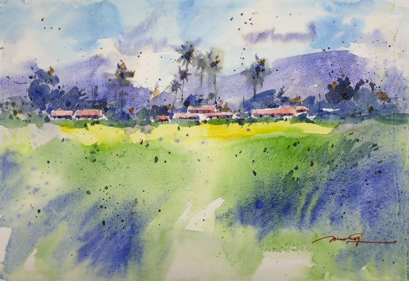 Sky Above Green Below' landscape watercolor painting by artist Soven Roy, 14x20 inch, on paper