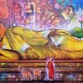'Sleeping Buddha' religious acrylic painting by artist Arjun Das, 36x60 inch, on canvas